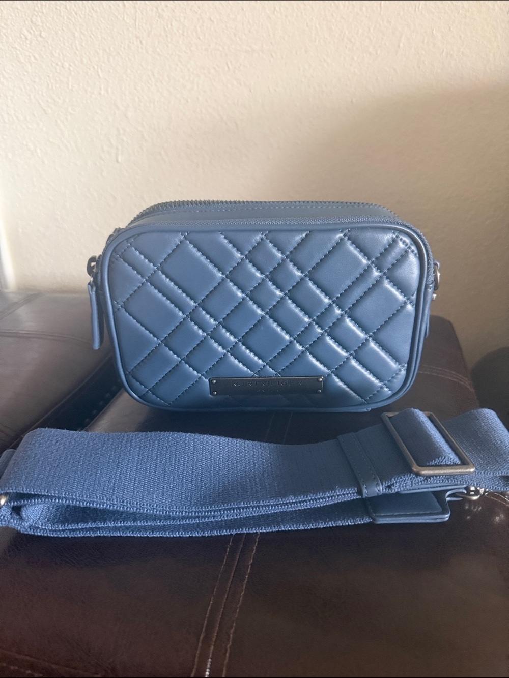 Kurt Geiger Quilted Slate Blue Crossbody Camera Bag with Wide Adjustable Strap